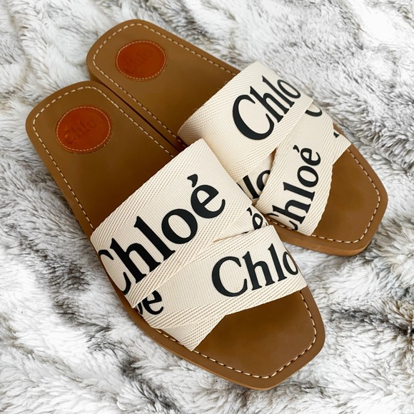 Chloe Shoes - Authentic Chloe Woody flat logo ribbon slides
